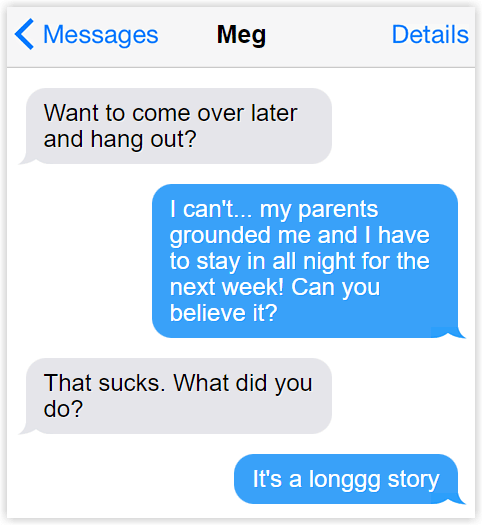 text convo between two people where one is asking to hang out and the other says they cant as an excuse because they are grounded