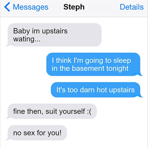 screenshot of a text message exchange between a couple about not having sex because it's too hot