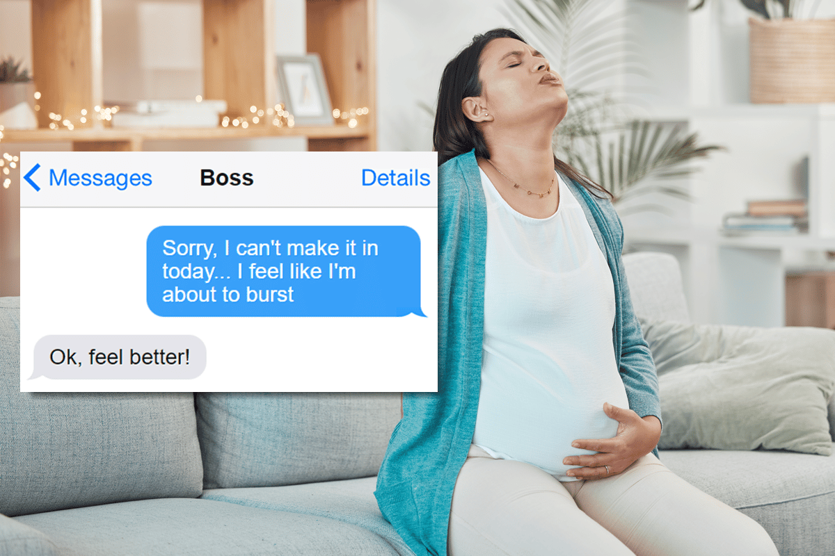 pregnant lady on her couch in discomfort with a phone text message stating she can't come into work